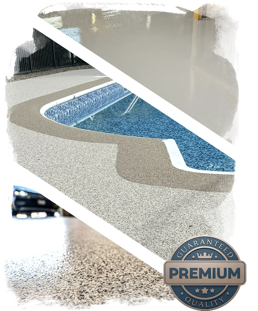 A multi-pane visual proof of RL Epoxy Flooring's premium concrete coatings authority, featuring a polished industrial-grade surface, a texturized anti-slip pool deck, and a durable garage flake system with a guaranteed quality badge.
